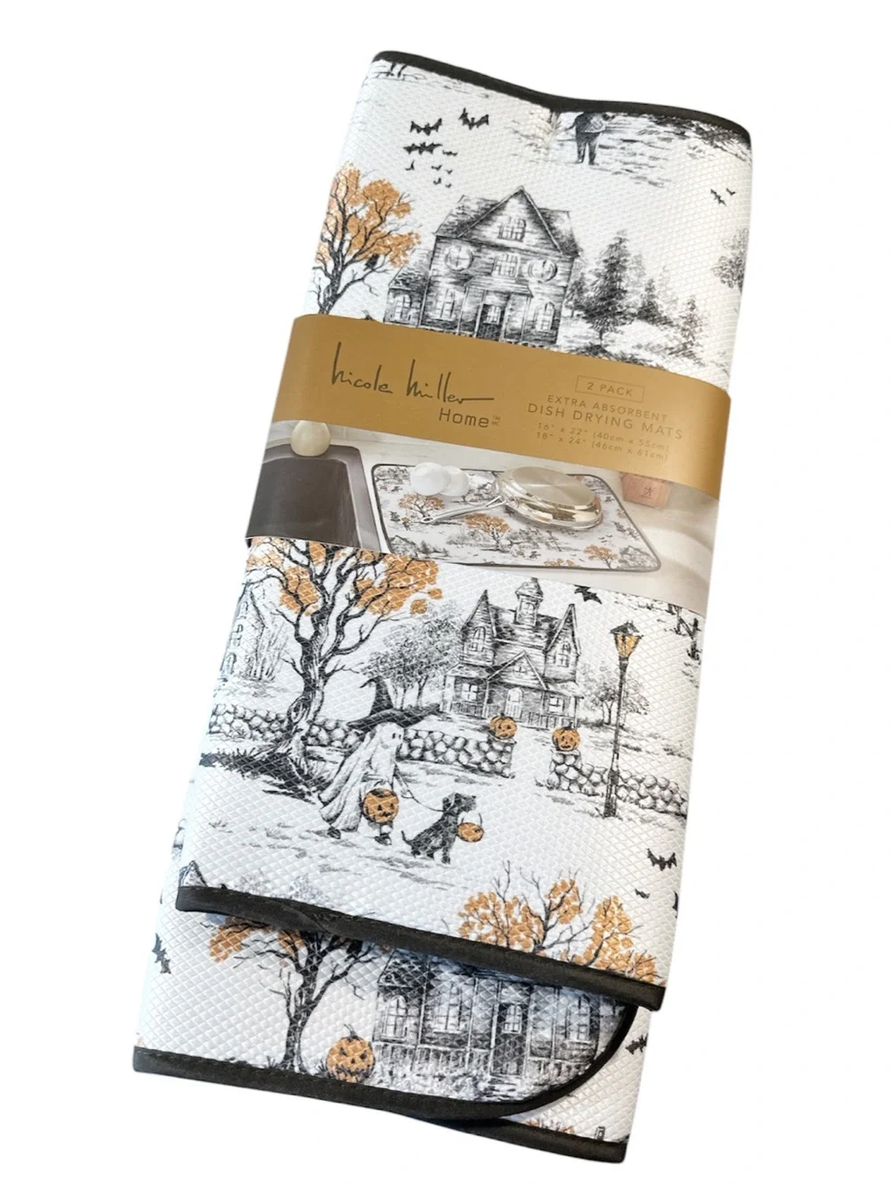 NEW Nicole Miller HALLOWEEN HAUNTED HOUSE Dish Drying Mat - 2 Pack 🎃🏚️🎃